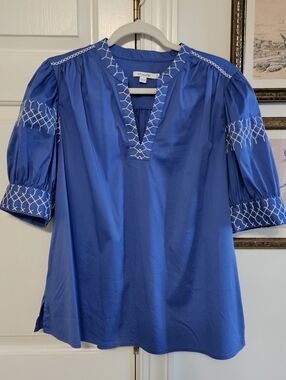 2 For $40 Chico's Royal Blue Embroidered Split-Neck Puffy Short Sleeve Blouse